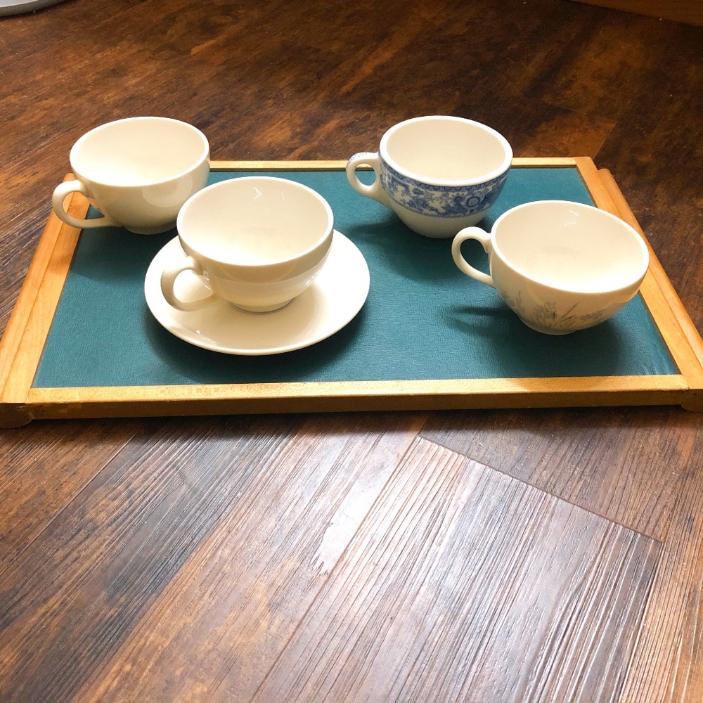 4 mismatched irregular vintage Syracuse China coffee cups, 1 w/matching saucer